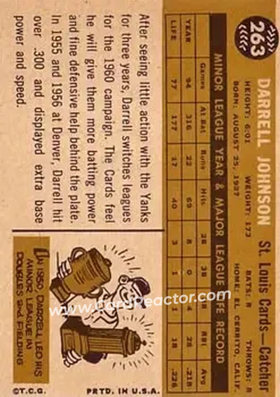 1960 Topps #263 - Darrell Johnson - St. Louis Cardinals - Back 1960 Topps #263 - Darrell Johnson - St. Louis Cardinals - Back