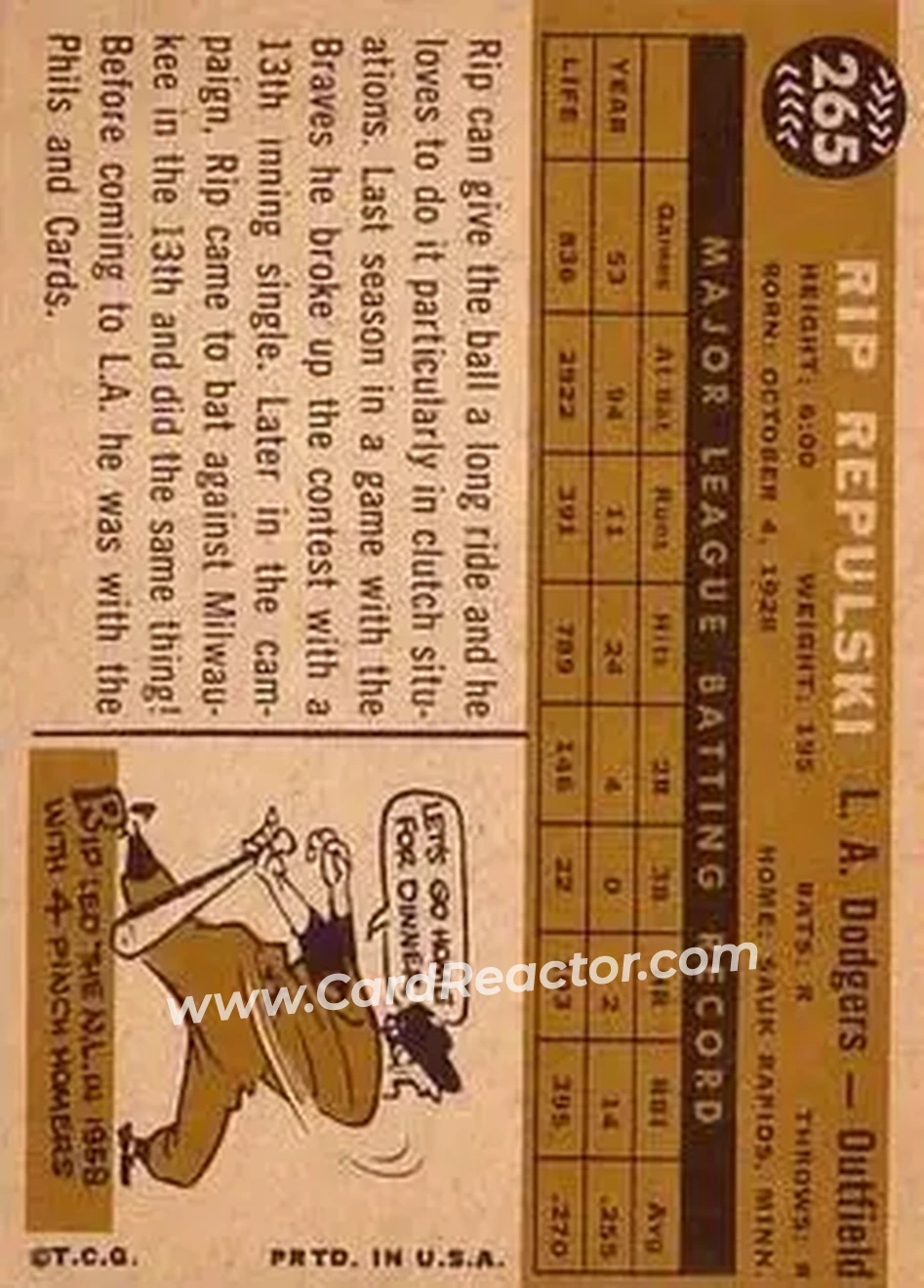 1960 Topps #265 - Rip Repulski - Los Angeles Dodgers - Back 1960 Topps #265 - Rip Repulski - Los Angeles Dodgers - Back