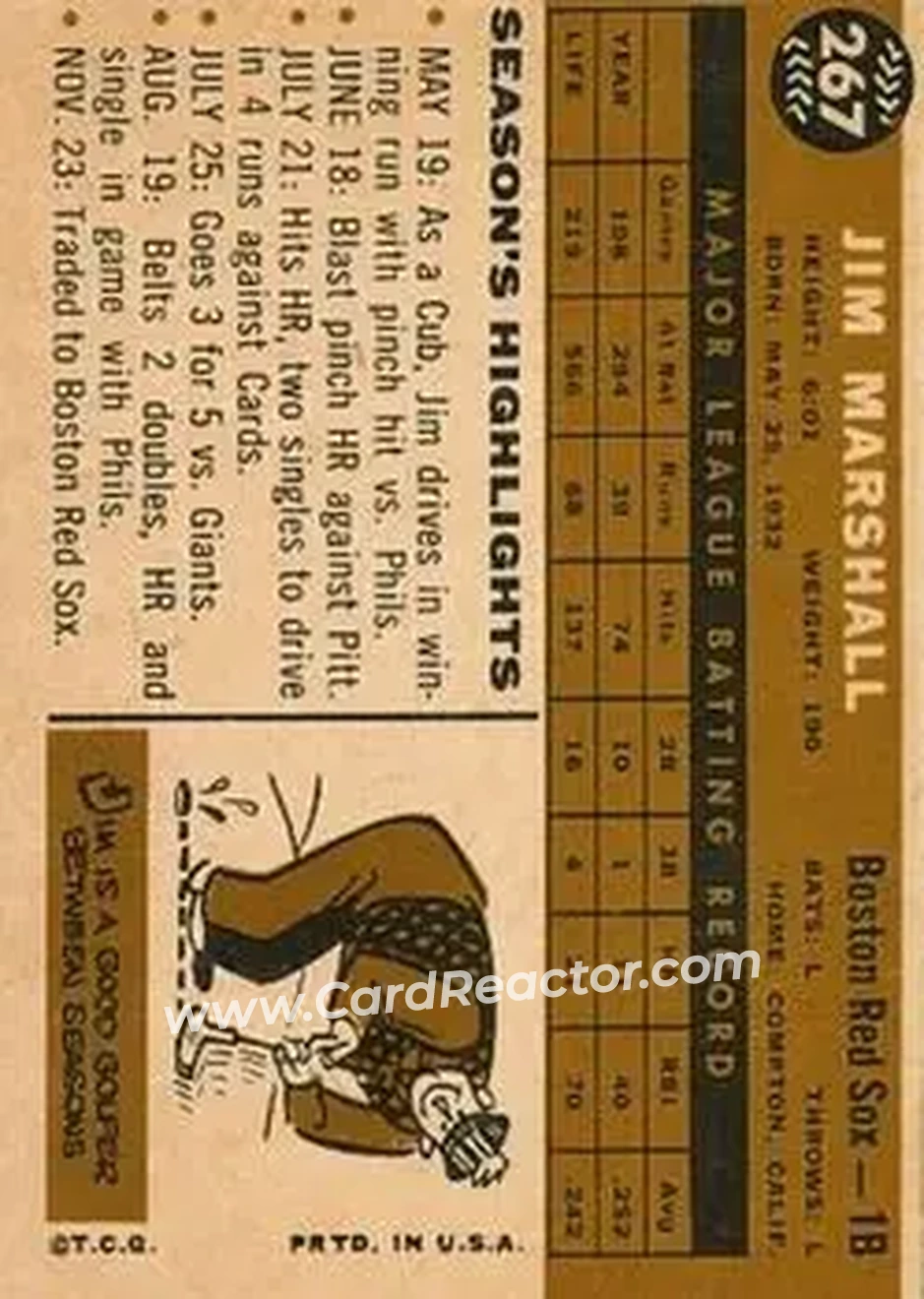 1960 Topps #267 - Jim Marshall - Boston Red Sox - Back 1960 Topps #267 - Jim Marshall - Boston Red Sox - Back