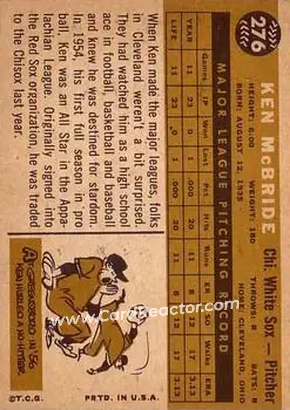 1960 Topps #276 - Ken McBride - Chicago White Sox - Back 1960 Topps #276 - Ken McBride - Chicago White Sox - Back