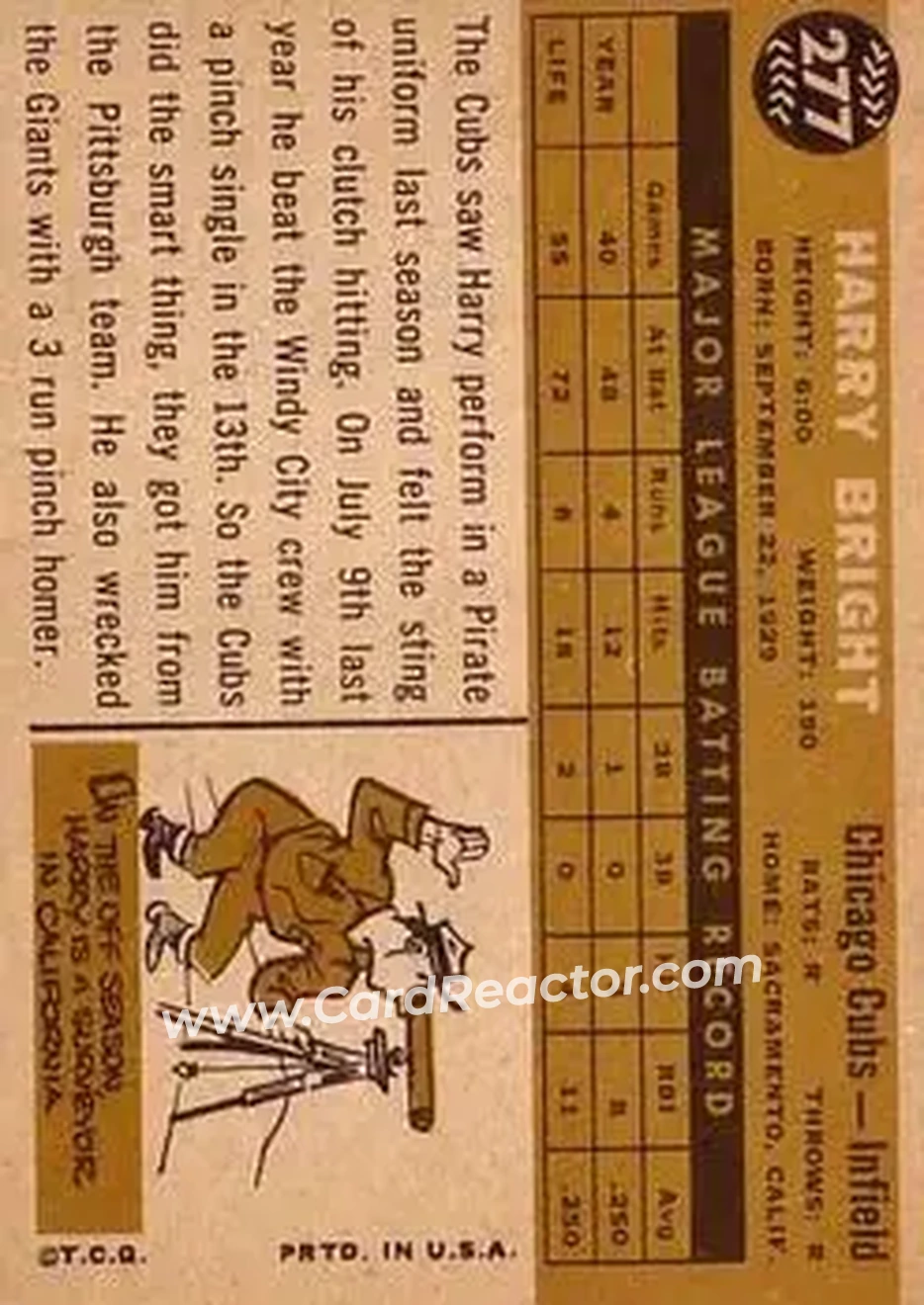 1960 Topps #277 - Harry Bright - Chicago Cubs - Back 1960 Topps #277 - Harry Bright - Chicago Cubs - Back