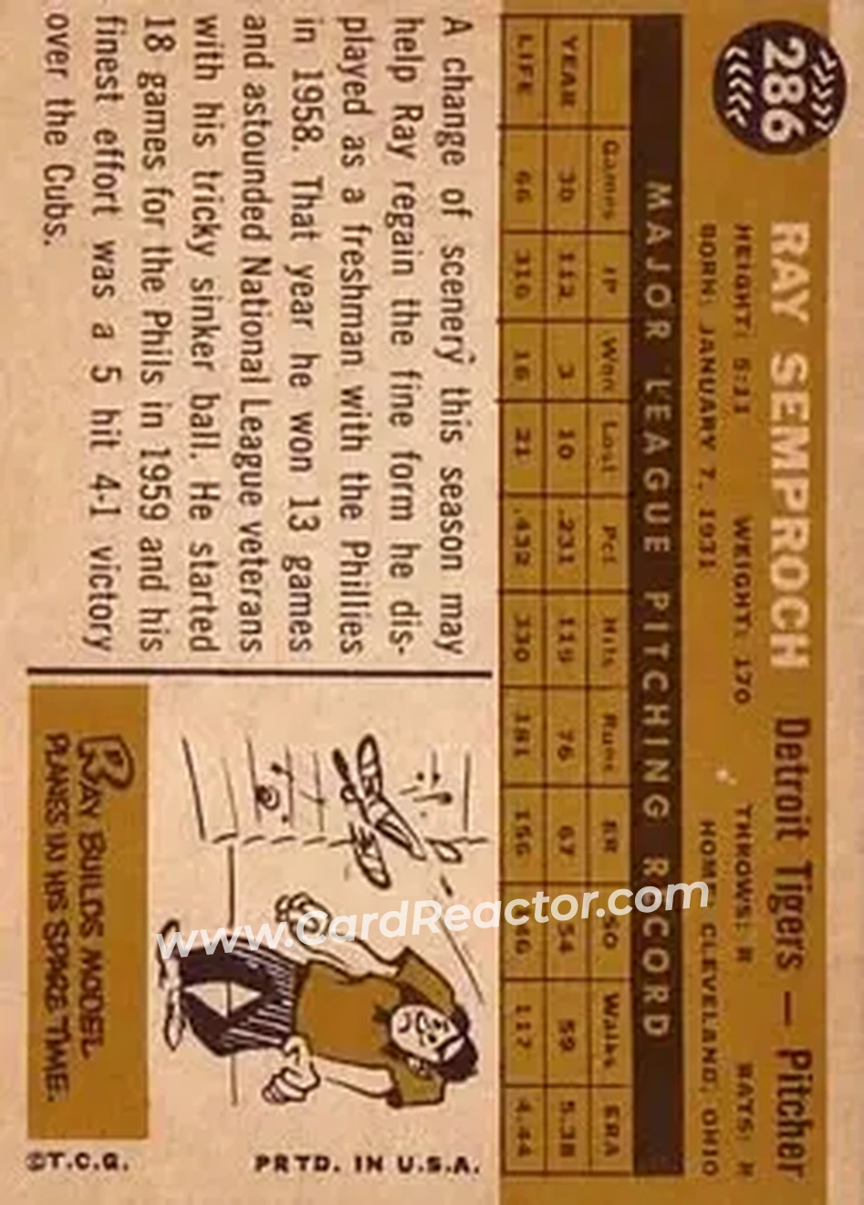 1960 Topps #286 - Roman Semproch - Detroit Tigers - Back 1960 Topps #286 - Roman Semproch - Detroit Tigers - Back