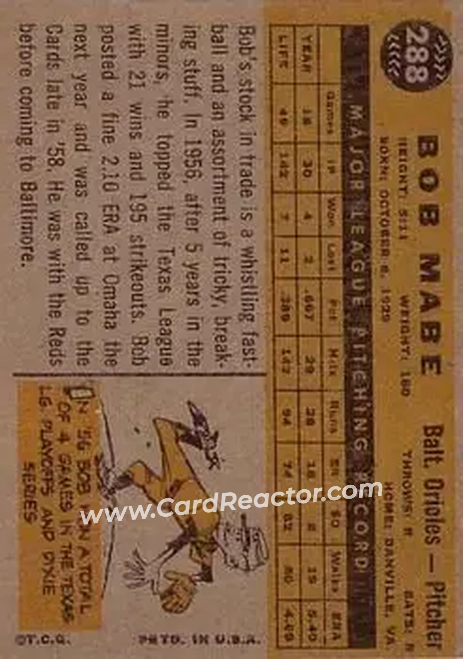 1960 Topps #288 - Bob Mabe - Baltimore Orioles - Back