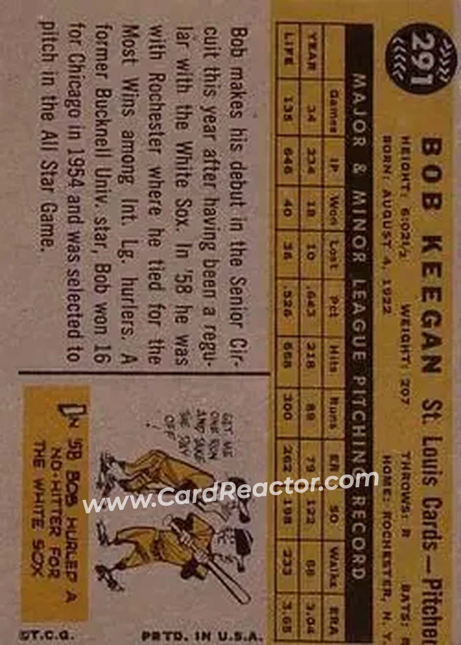 1960 Topps #291 - Bob Keegan - St. Louis Cardinals - Back 1960 Topps #291 - Bob Keegan - St. Louis Cardinals - Back