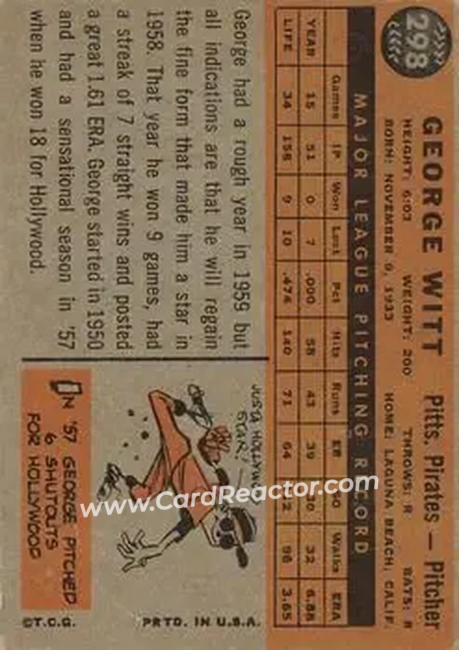 1960 Topps #298 - George Witt - Pittsburgh Pirates - Back 1960 Topps #298 - George Witt - Pittsburgh Pirates - Back
