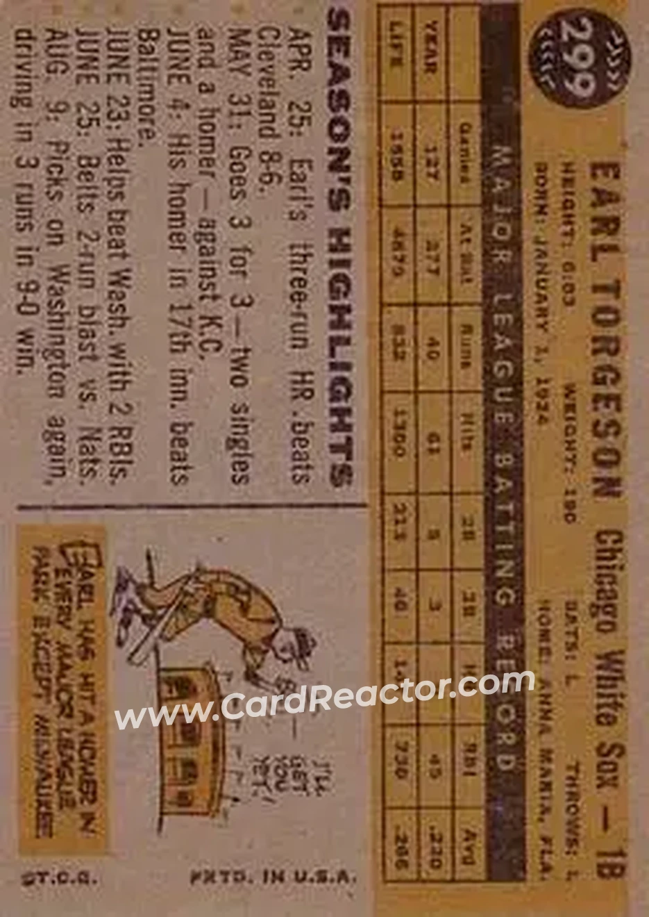 1960 Topps #299 - Earl Torgeson - Chicago White Sox - Back 1960 Topps #299 - Earl Torgeson - Chicago White Sox - Back