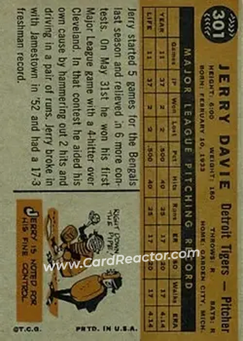 1960 Topps #301 - Jerry Davie - Detroit Tigers - Back