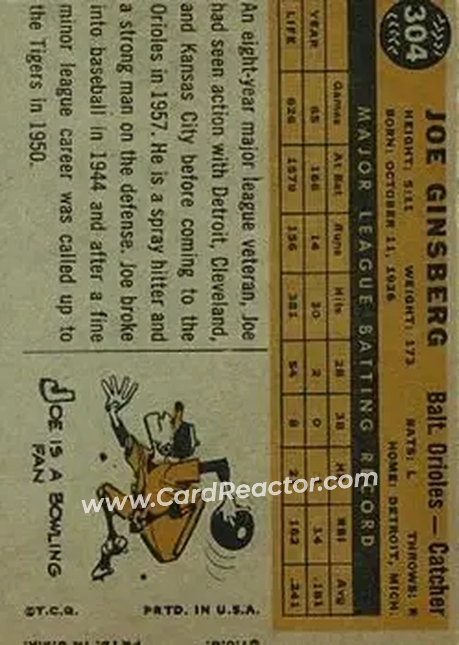 1960 Topps #304 - Joe Ginsberg - Baltimore Orioles - Back