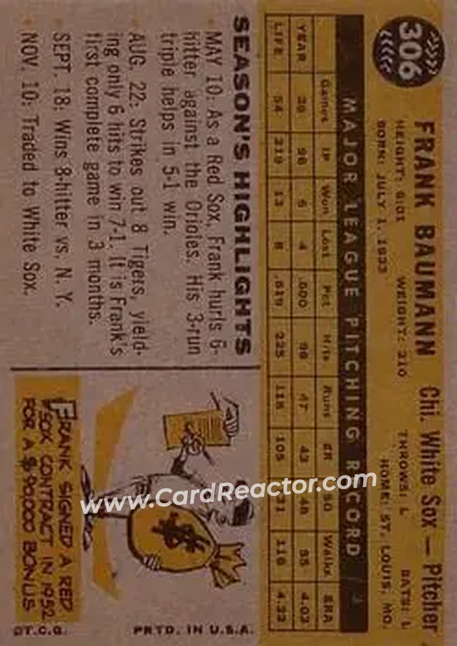 1960 Topps #306 - Frank Baumann - Chicago White Sox - Back