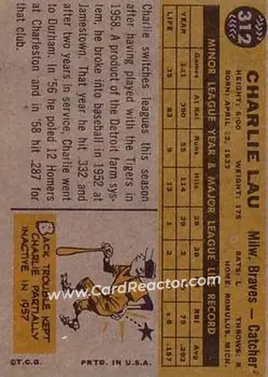 1960 Topps #312 - Charlie Lau - Milwaukee Braves - Back