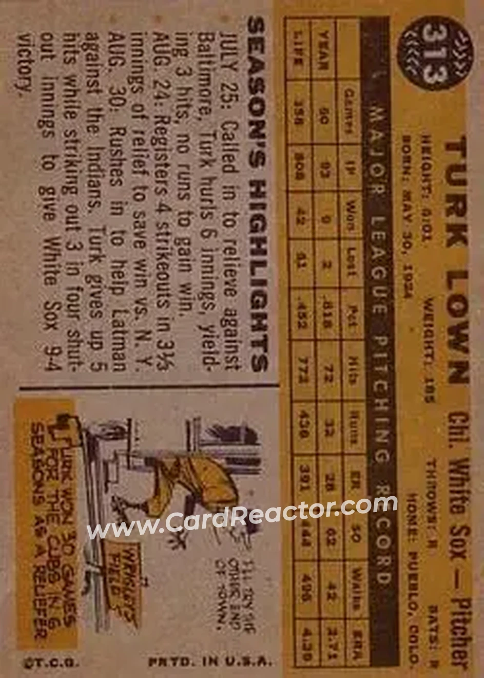 1960 Topps #313 - Turk Lown - Chicago White Sox - Back 1960 Topps #313 - Turk Lown - Chicago White Sox - Back