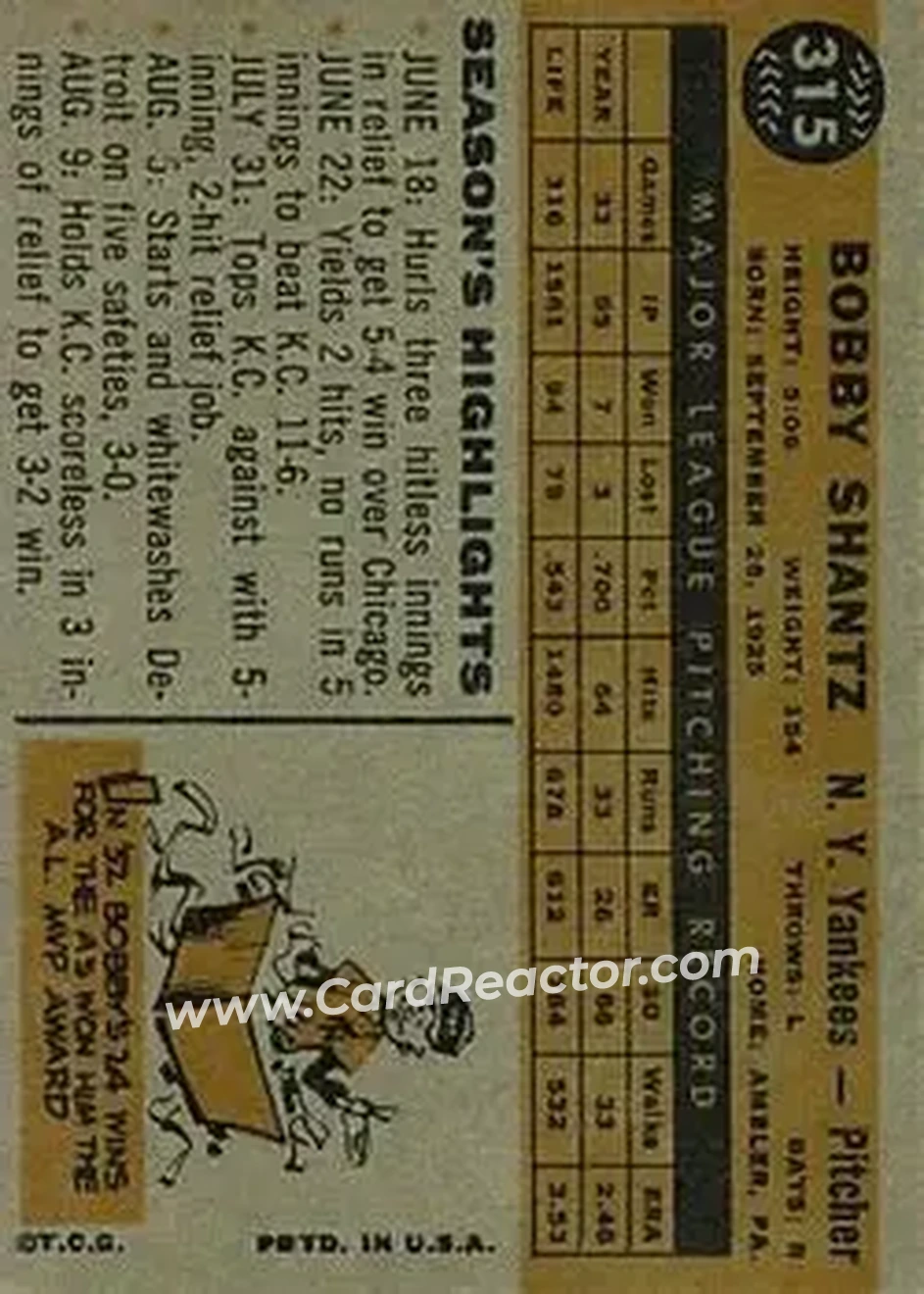 1960 Topps #315 - Bobby Shantz - New York Yankees - Back 1960 Topps #315 - Bobby Shantz - New York Yankees - Back