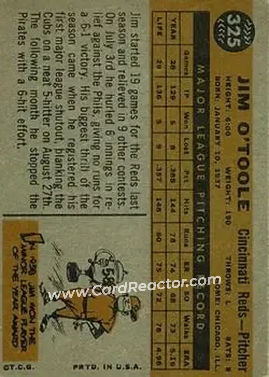 1960 Topps #325 - Jim O'Toole - Cincinnati Reds - Back