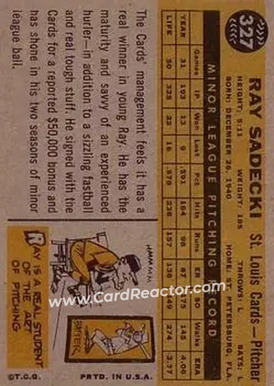 1960 Topps #327 - Ray Sadecki - St. Louis Cardinals - Back 1960 Topps #327 - Ray Sadecki - St. Louis Cardinals - Back