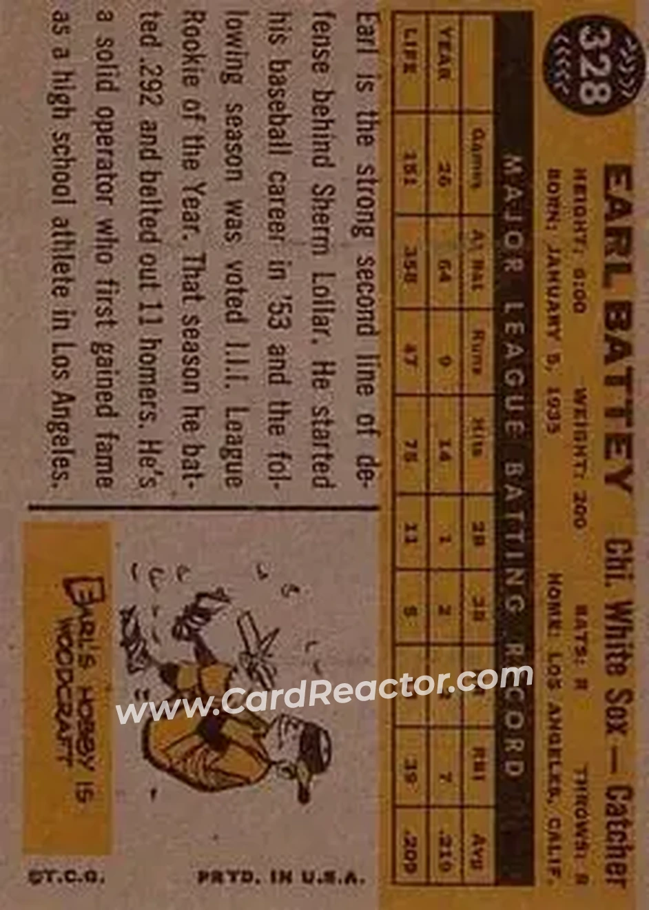1960 Topps #328 - Earl Battey - Chicago White Sox - Back