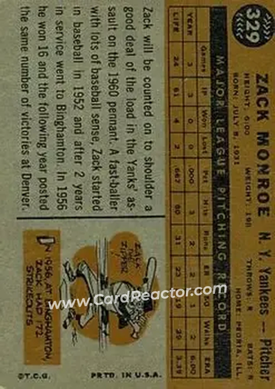 1960 Topps #329 - Zack Monroe - New York Yankees - Back