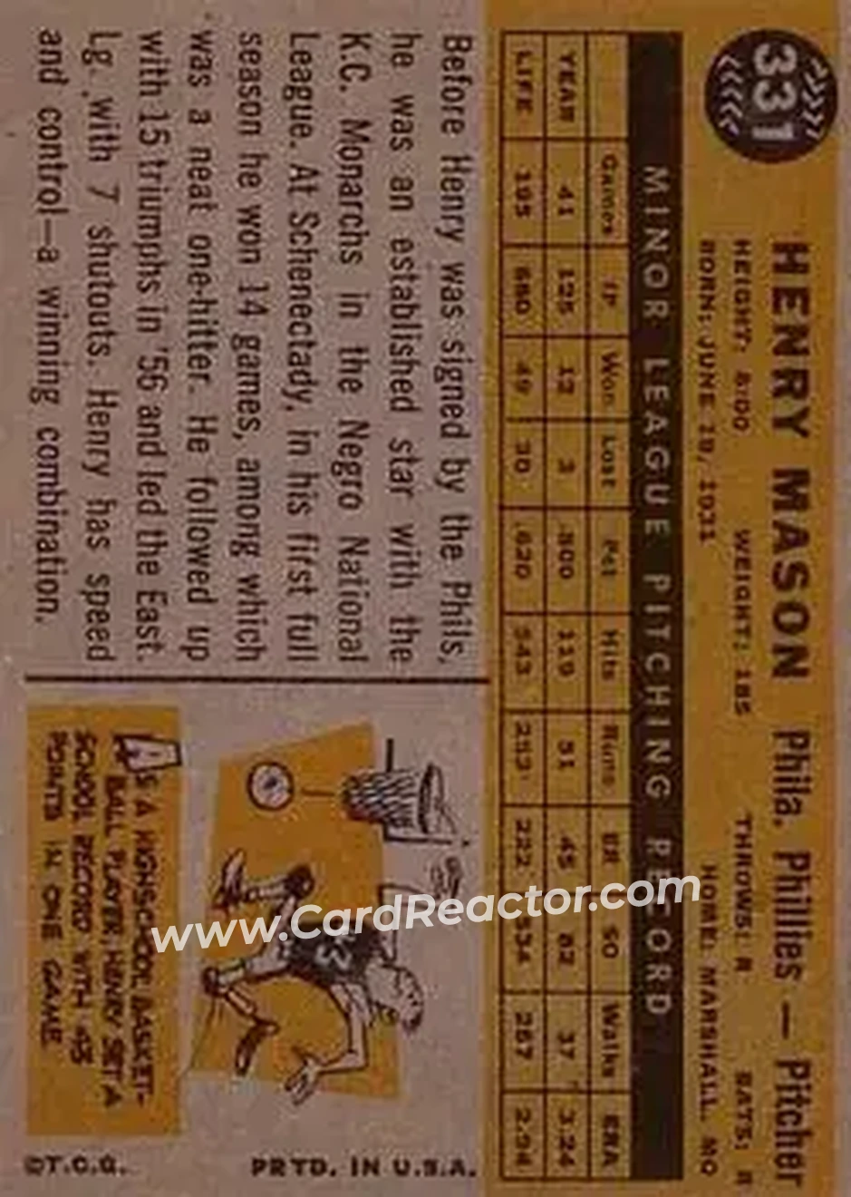 1960 Topps #331 - Henry Mason - Philadelphia Phillies - Back 1960 Topps #331 - Henry Mason - Philadelphia Phillies - Back