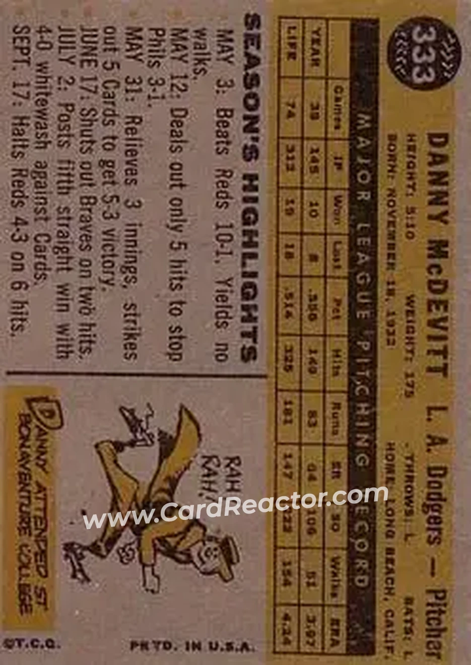 1960 Topps #333 - Danny McDevitt - Los Angeles Dodgers - Back 1960 Topps #333 - Danny McDevitt - Los Angeles Dodgers - Back