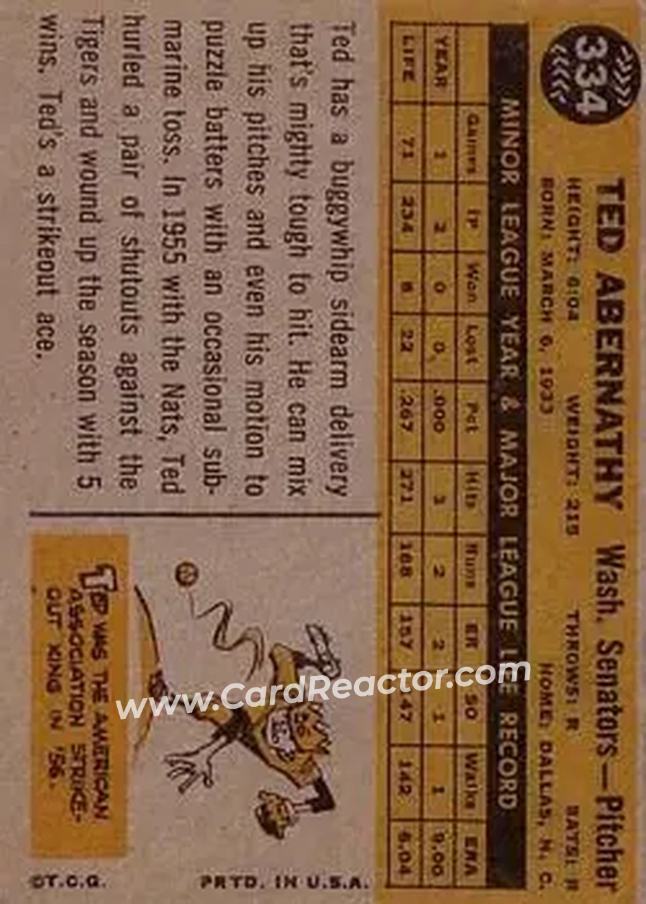 1960 Topps #334 - Ted Abernathy - Washington Senators - Back
