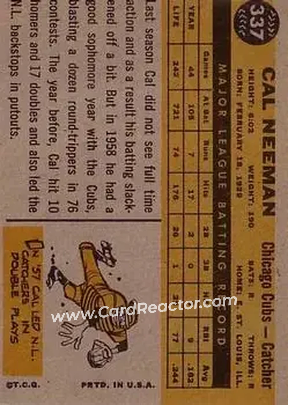 1960 Topps #337 - Cal Neeman - Chicago Cubs - Back