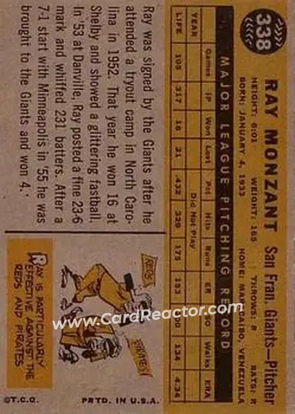 1960 Topps #338 - Ray Monzant - San Francisco Giants - Back