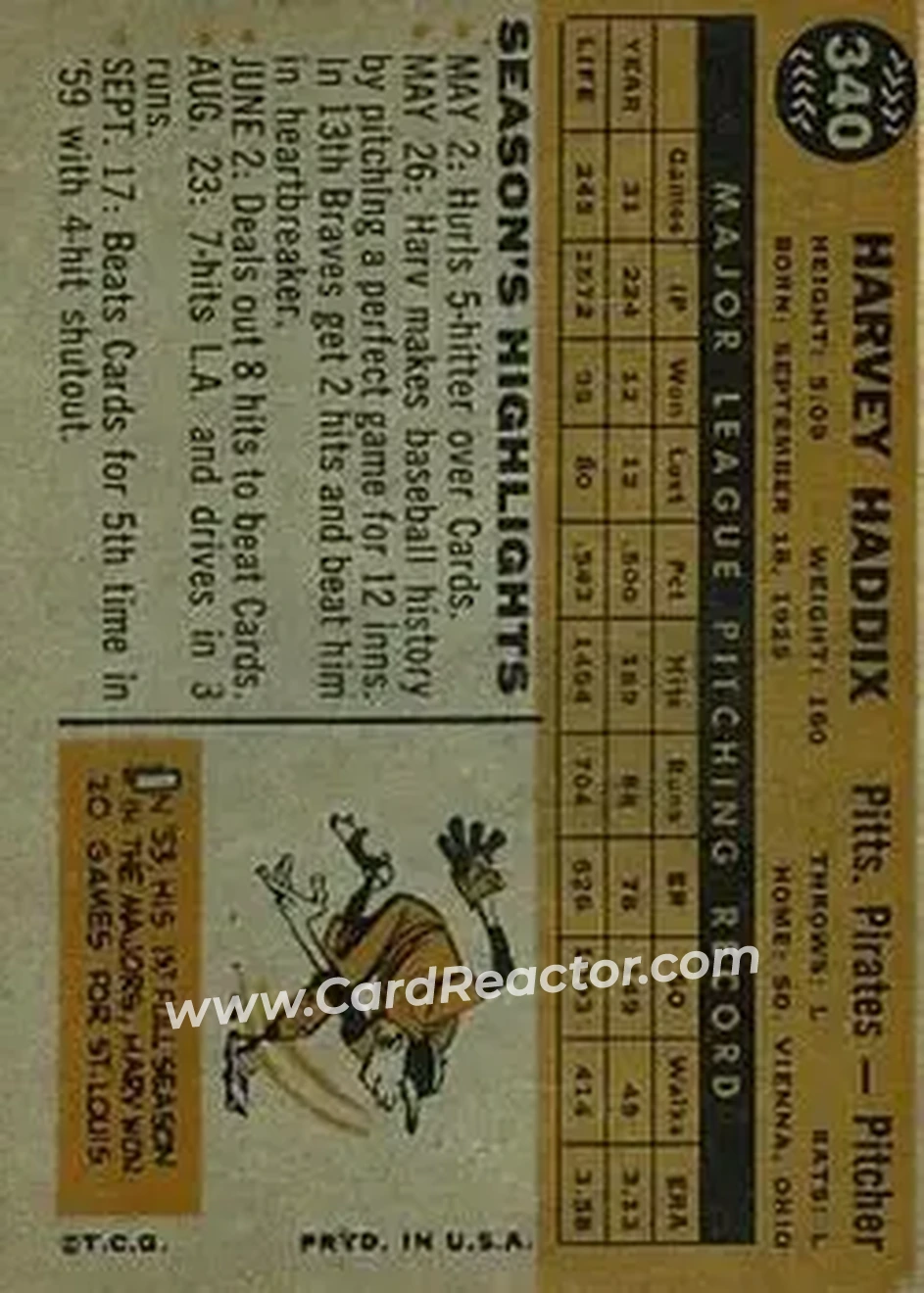 1960 Topps #340 - Harvey Haddix - Pittsburgh Pirates - Back 1960 Topps #340 - Harvey Haddix - Pittsburgh Pirates - Back