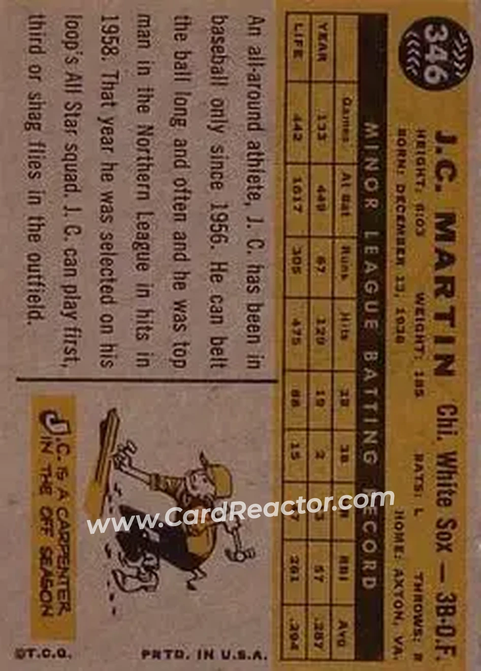 1960 Topps #346 - J.C. Martin - Chicago White Sox - Back