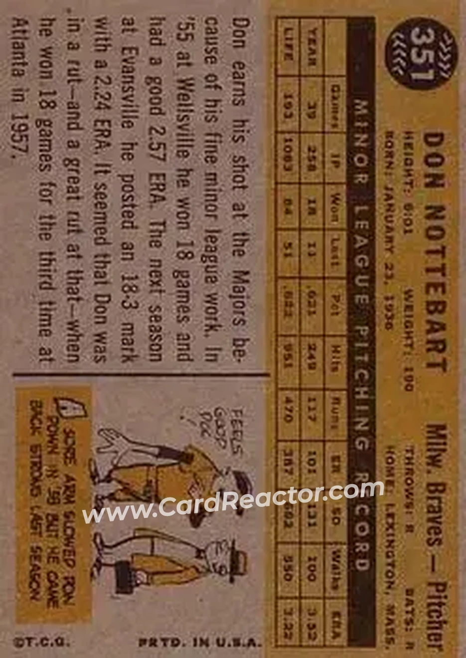 1960 Topps #351 - Don Nottebart - Milwaukee Braves - Back