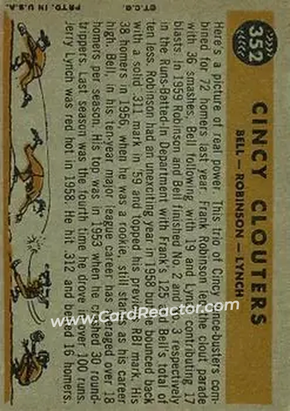 1960 Topps #352 - Cincy Clouters (Gus Bell - Frank Robinson - Jerry Lynch) CPC - Cincinnati Reds - Cincinnati Reds - Back