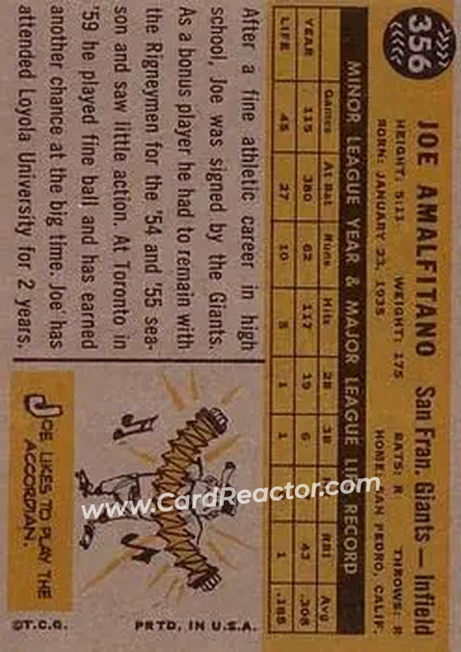 1960 Topps #356 - Joe Amalfitano - San Francisco Giants - Back
