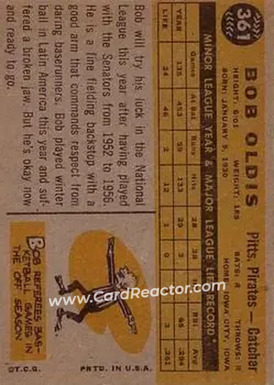1960 Topps #361 - Bob Oldis - Pittsburgh Pirates - Back