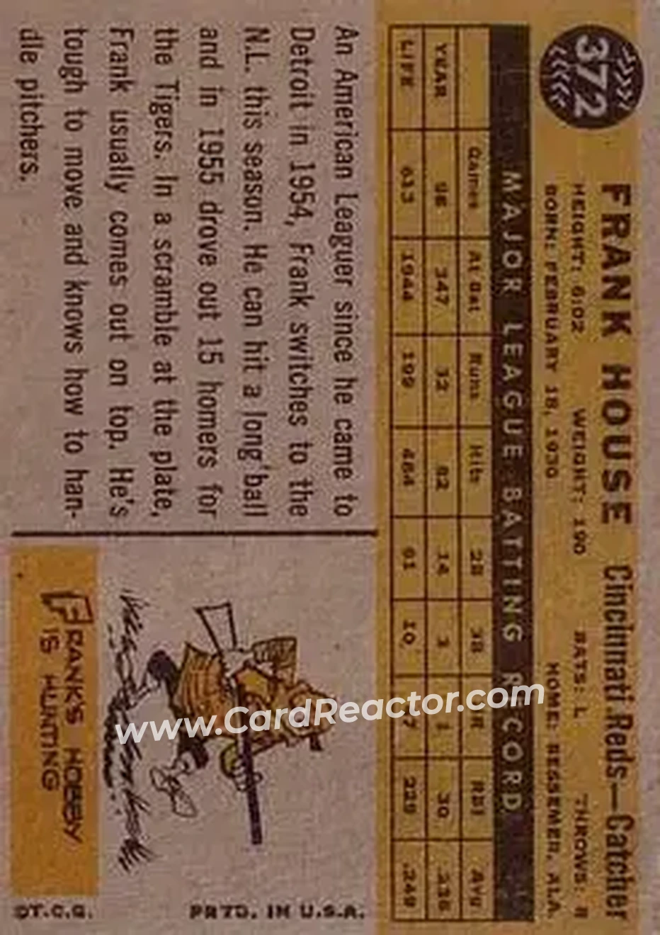 1960 Topps #372 - Frank House - Cincinnati Reds - Back