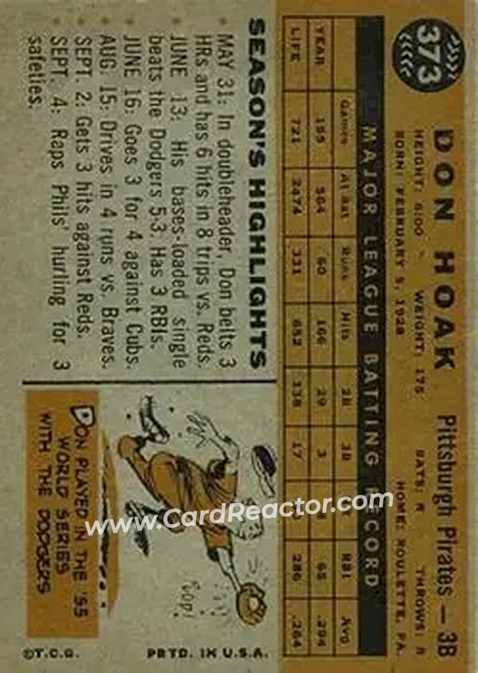 1960 Topps #373 - Don Hoak - Pittsburgh Pirates - Back