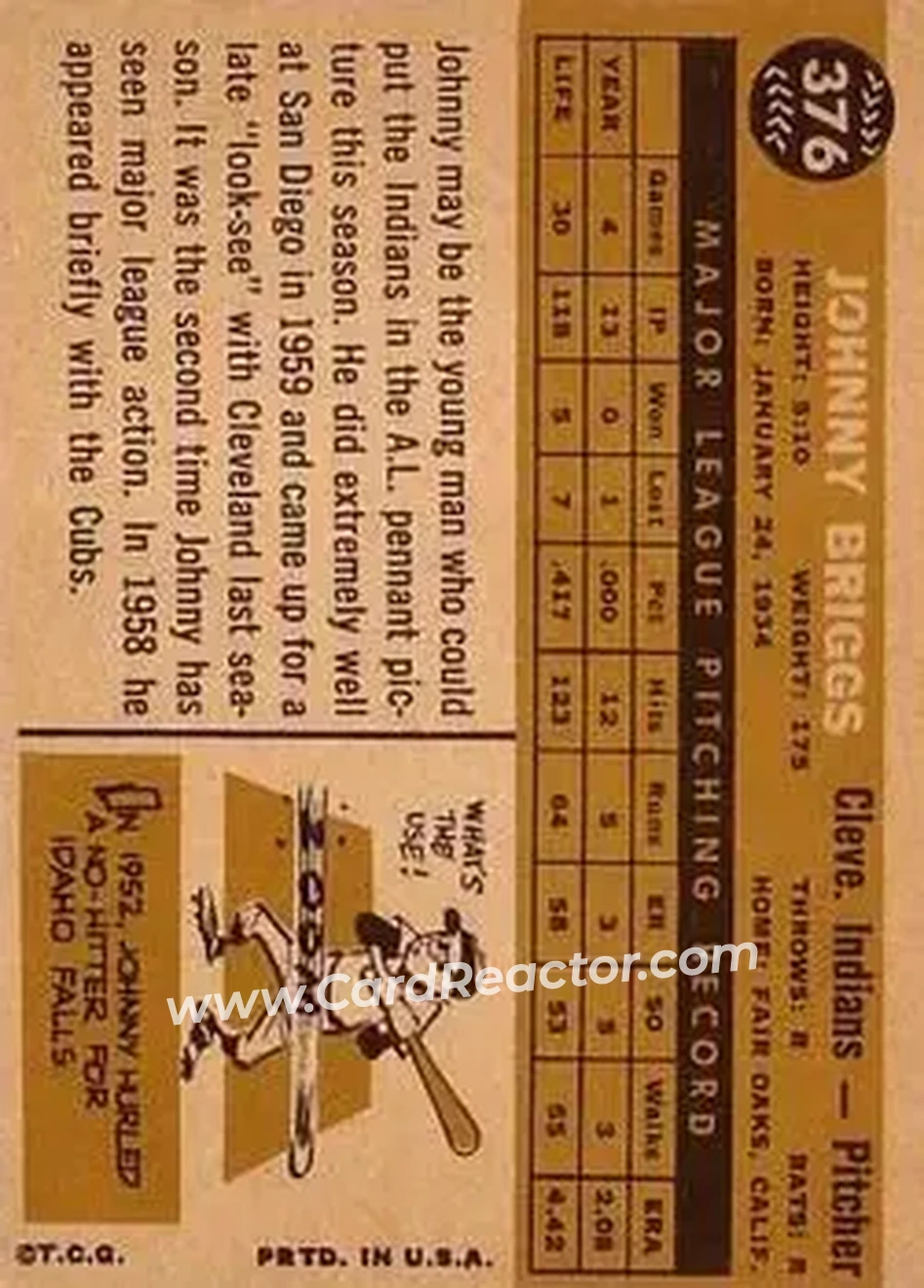 1960 Topps #376 - Johnny Briggs - Cleveland Indians - Back