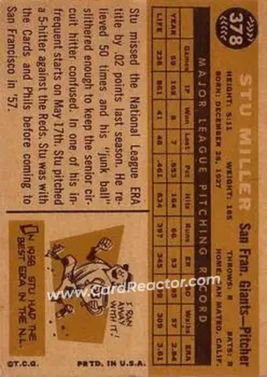 1960 Topps #378 - Stu Miller - San Francisco Giants - Back