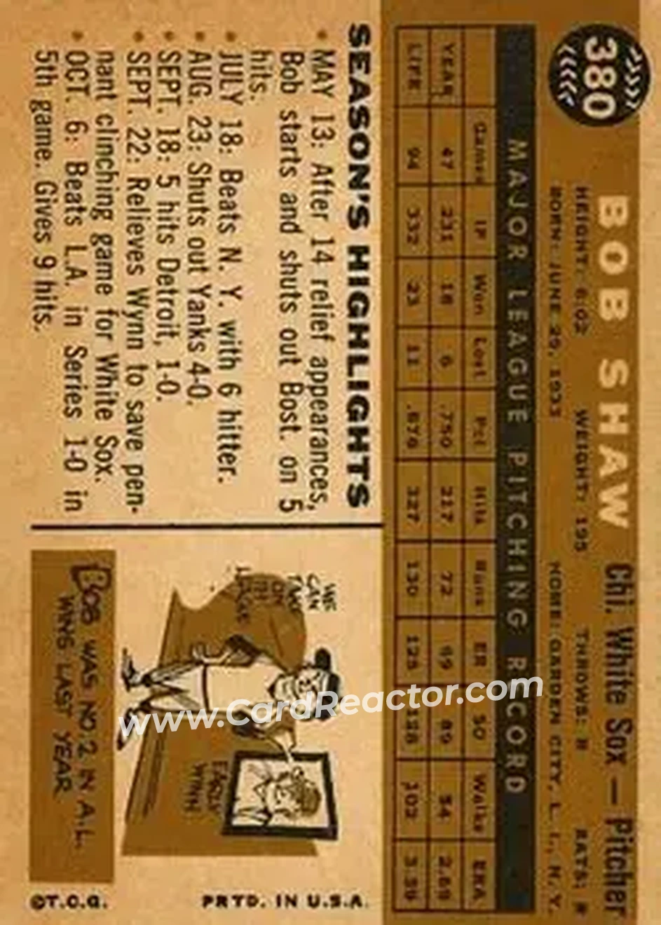 1960 Topps #380 - Bob Shaw - Chicago White Sox - Back 1960 Topps #380 - Bob Shaw - Chicago White Sox - Back