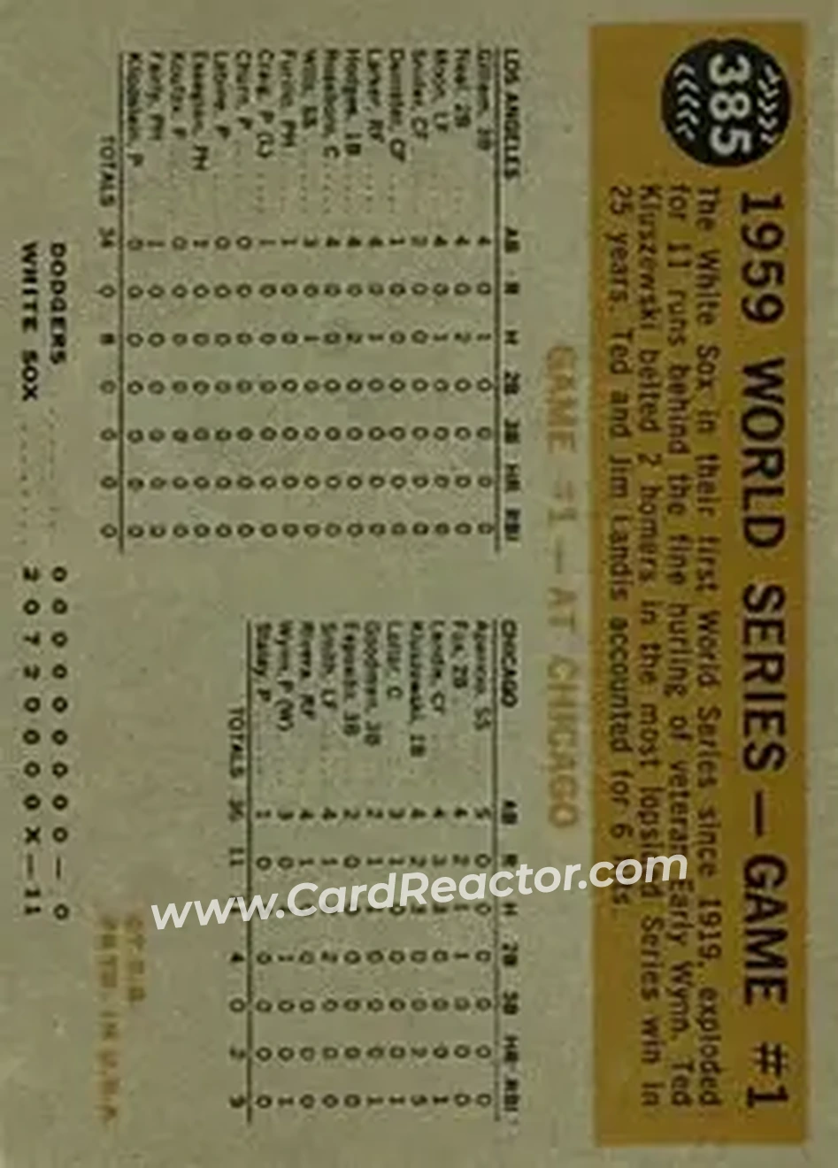 1960 Topps #385 - 1959 World Series Game #1 - Neal Steals Second WS, VAR - Los Angeles Dodgers - Los Angeles Dodgers - Back 1960 Topps #385 - 1959 World Series Game #1 - Neal Steals Second WS, VAR - Los Angeles Dodgers - Los Angeles Dodgers - Back