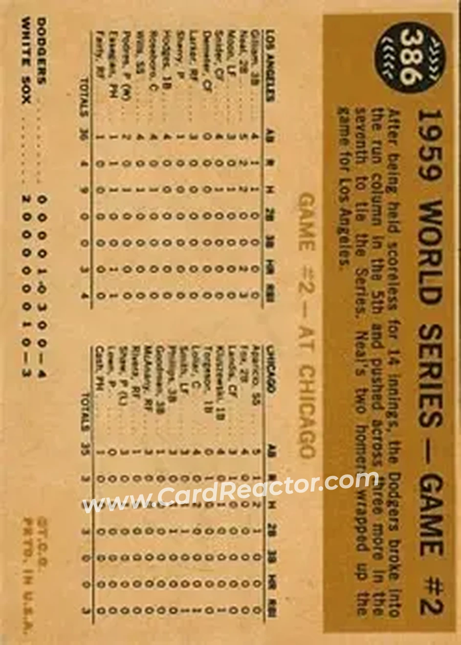 1960 Topps #386 - 1959 World Series Game #2 - Neal Belts 2nd Homer WS, VAR - Los Angeles Dodgers - Los Angeles Dodgers - Back 1960 Topps #386 - 1959 World Series Game #2 - Neal Belts 2nd Homer WS, VAR - Los Angeles Dodgers - Los Angeles Dodgers - Back