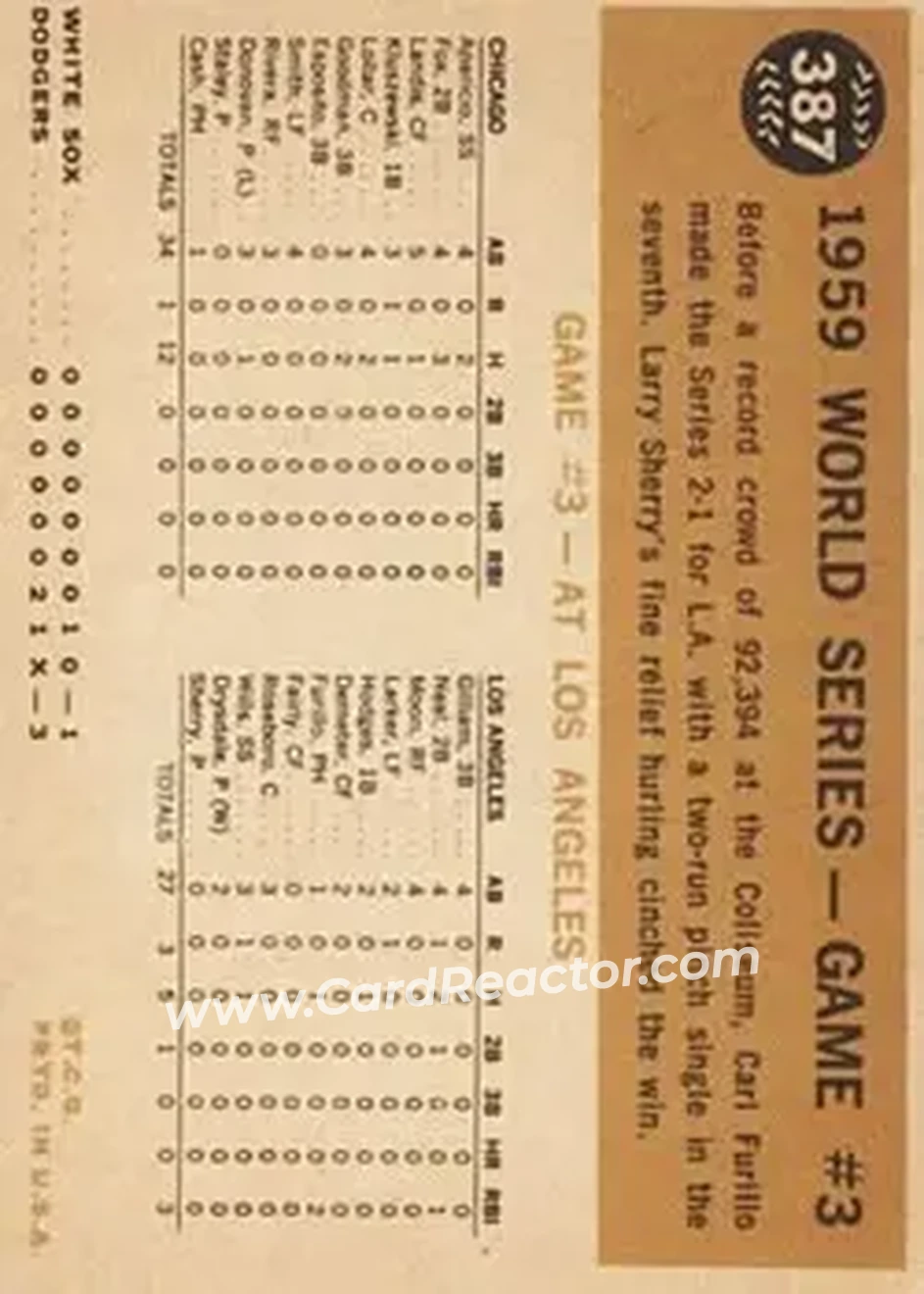 1960 Topps #387 - 1959 World Series Game #3 - Furillo Breaks up Game WS, VAR - Los Angeles Dodgers - Los Angeles Dodgers - Back 1960 Topps #387 - 1959 World Series Game #3 - Furillo Breaks up Game WS, VAR - Los Angeles Dodgers - Los Angeles Dodgers - Back