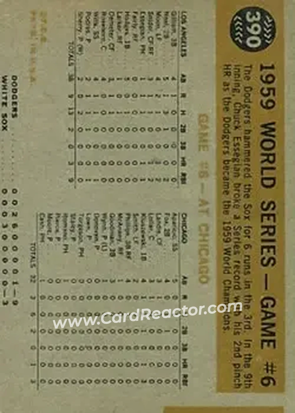 1960 Topps #390 - 1959 World Series Game #6 - Scrambling After Ball WS, VAR - Chicago White Sox - Chicago White Sox - Back 1960 Topps #390 - 1959 World Series Game #6 - Scrambling After Ball WS, VAR - Chicago White Sox - Chicago White Sox - Back