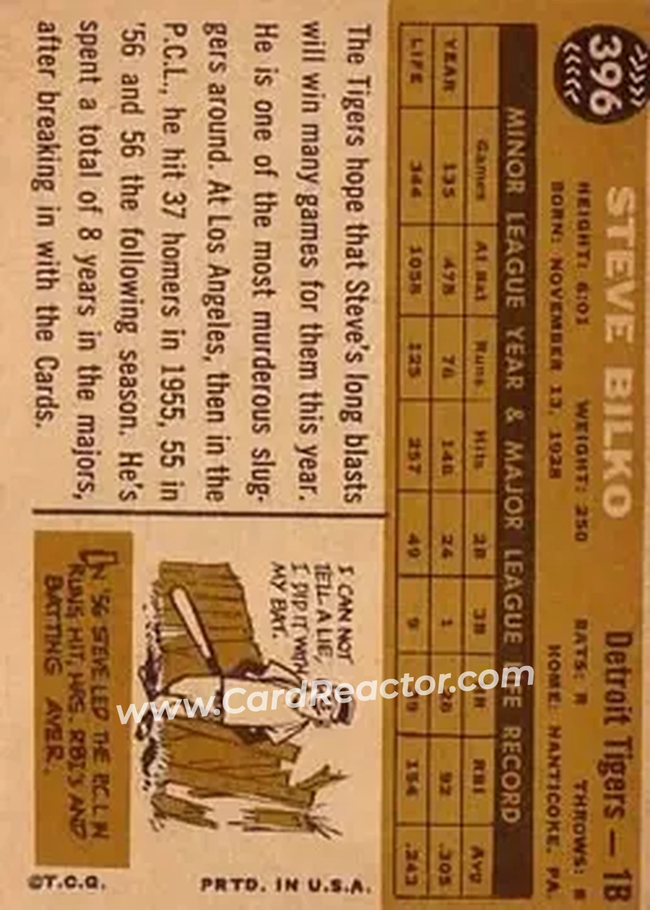1960 Topps #396 - Steve Bilko - Detroit Tigers - Back