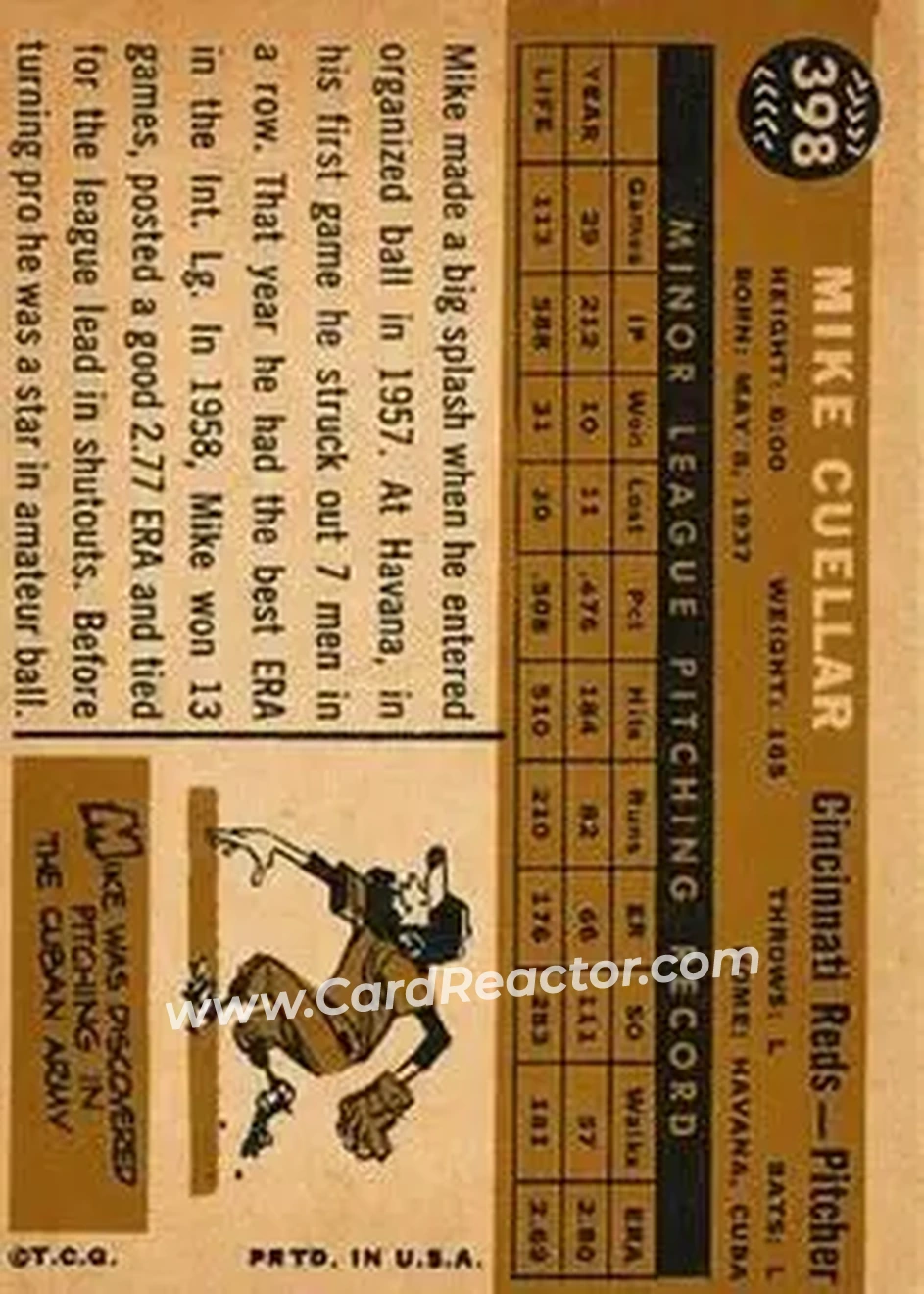 1960 Topps #398 - Mike Cuellar - Cincinnati Reds - Back 1960 Topps #398 - Mike Cuellar - Cincinnati Reds - Back