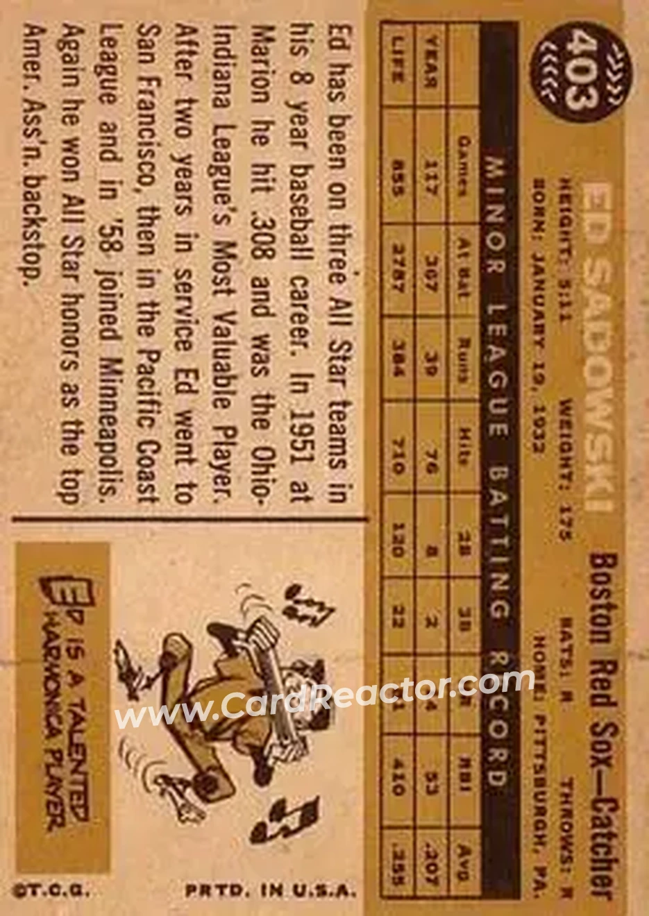 1960 Topps #403 - Ed Sadowski - Boston Red Sox - Back