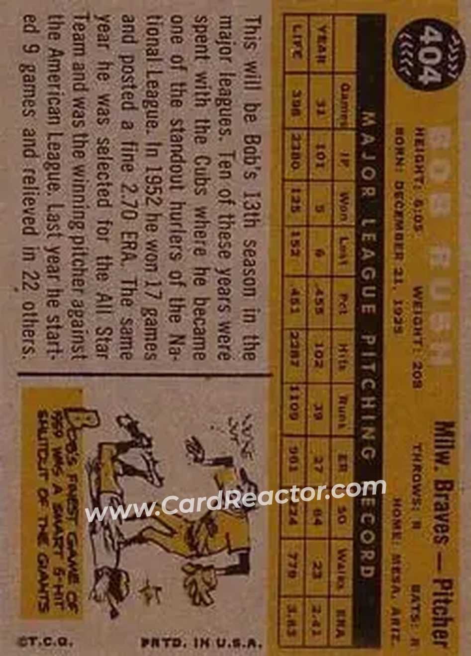 1960 Topps #404 - Bob Rush - Milwaukee Braves - Back