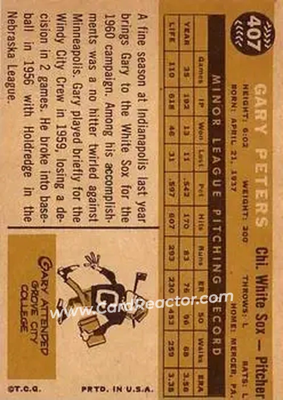 1960 Topps #407 - Gary Peters - Chicago White Sox - Back