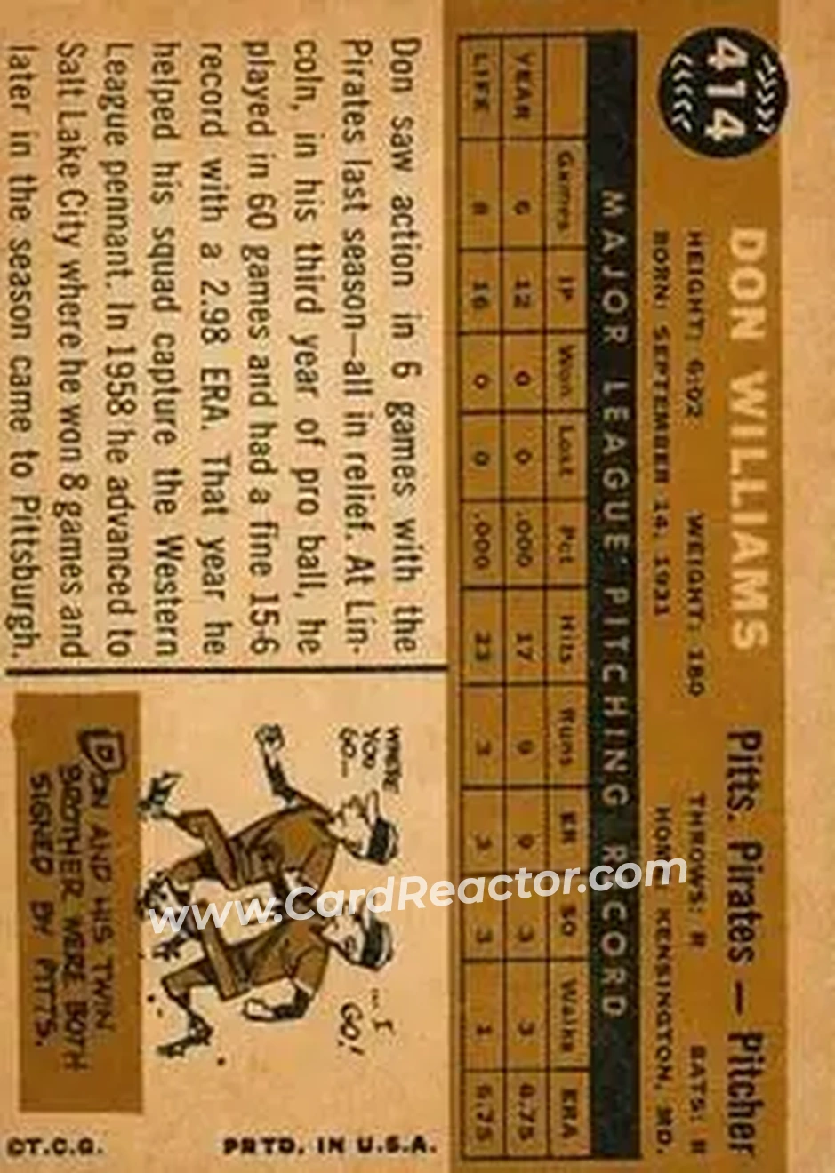 1960 Topps #414 - Don Williams - Pittsburgh Pirates - Back