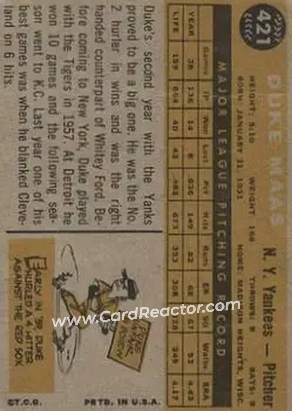 1960 Topps #421 - Duke Maas - New York Yankees - Back