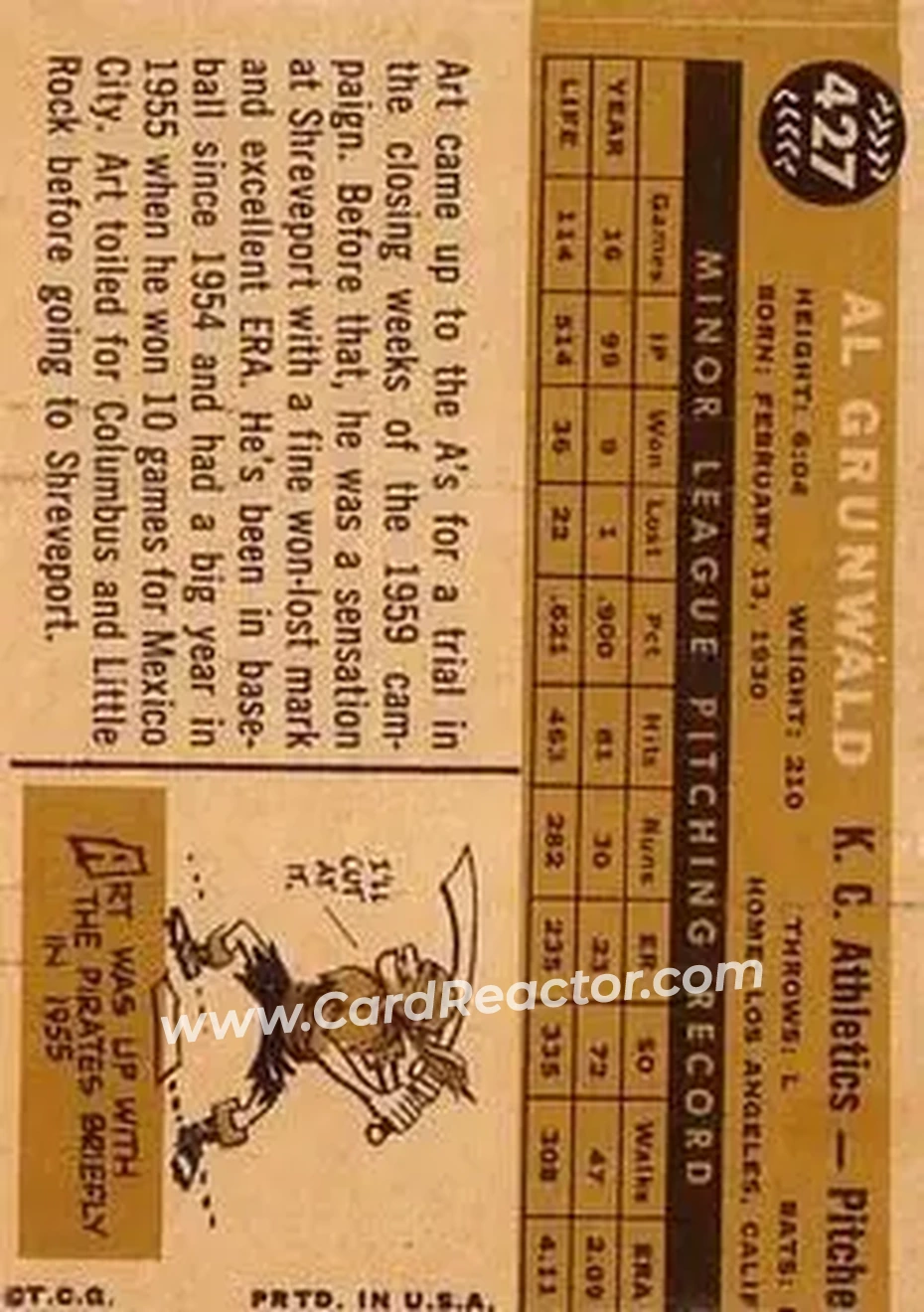 1960 Topps #427 - Al Grunwald - Kansas City Athletics - Back
