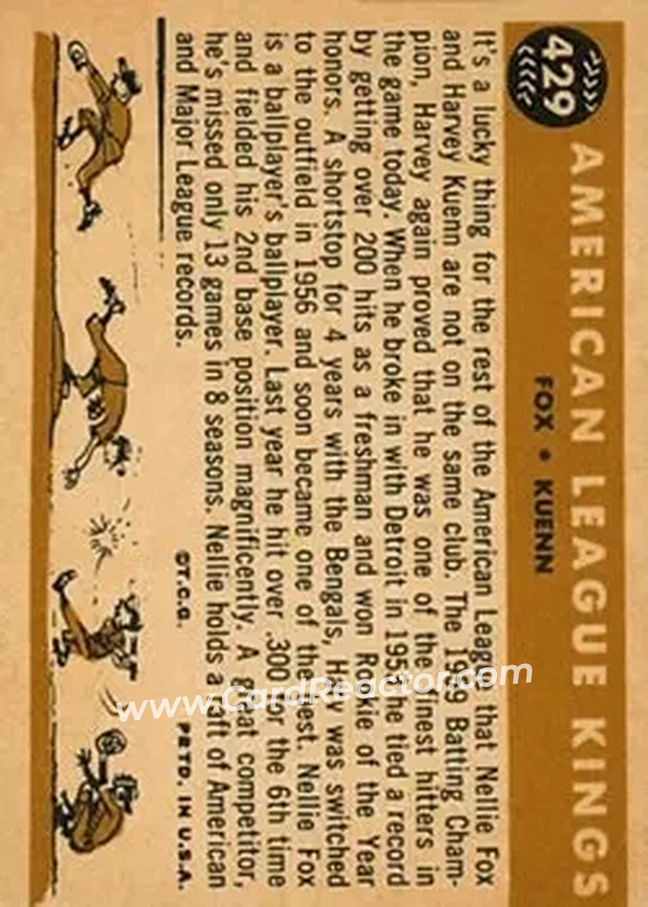 1960 Topps #429 - American League Kings (Nellie Fox - Harvey Kuenn) CPC, VAR - Chicago White Sox - Detroit Tigers - Back