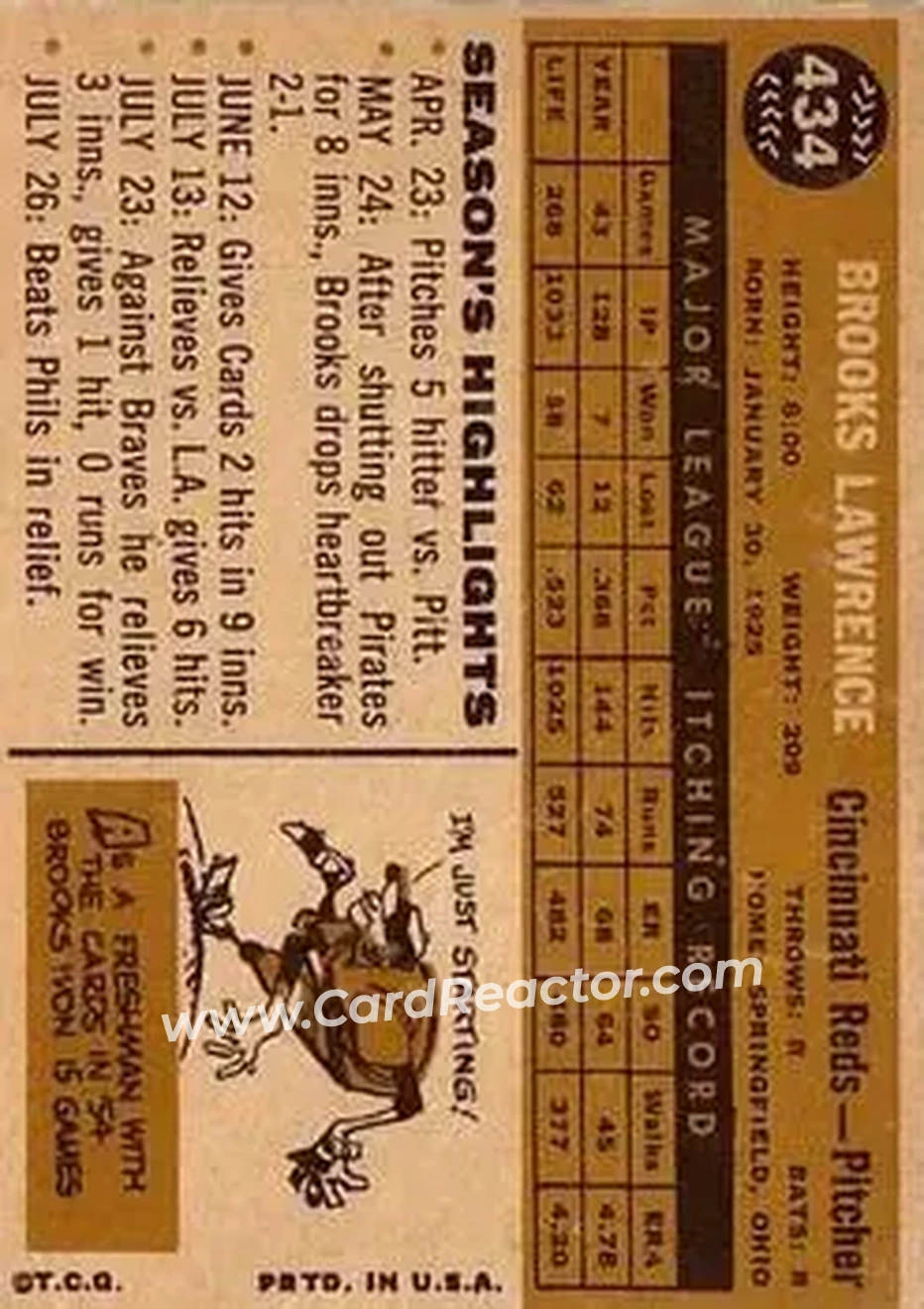 1960 Topps #434 - Brooks Lawrence - Cincinnati Reds - Back